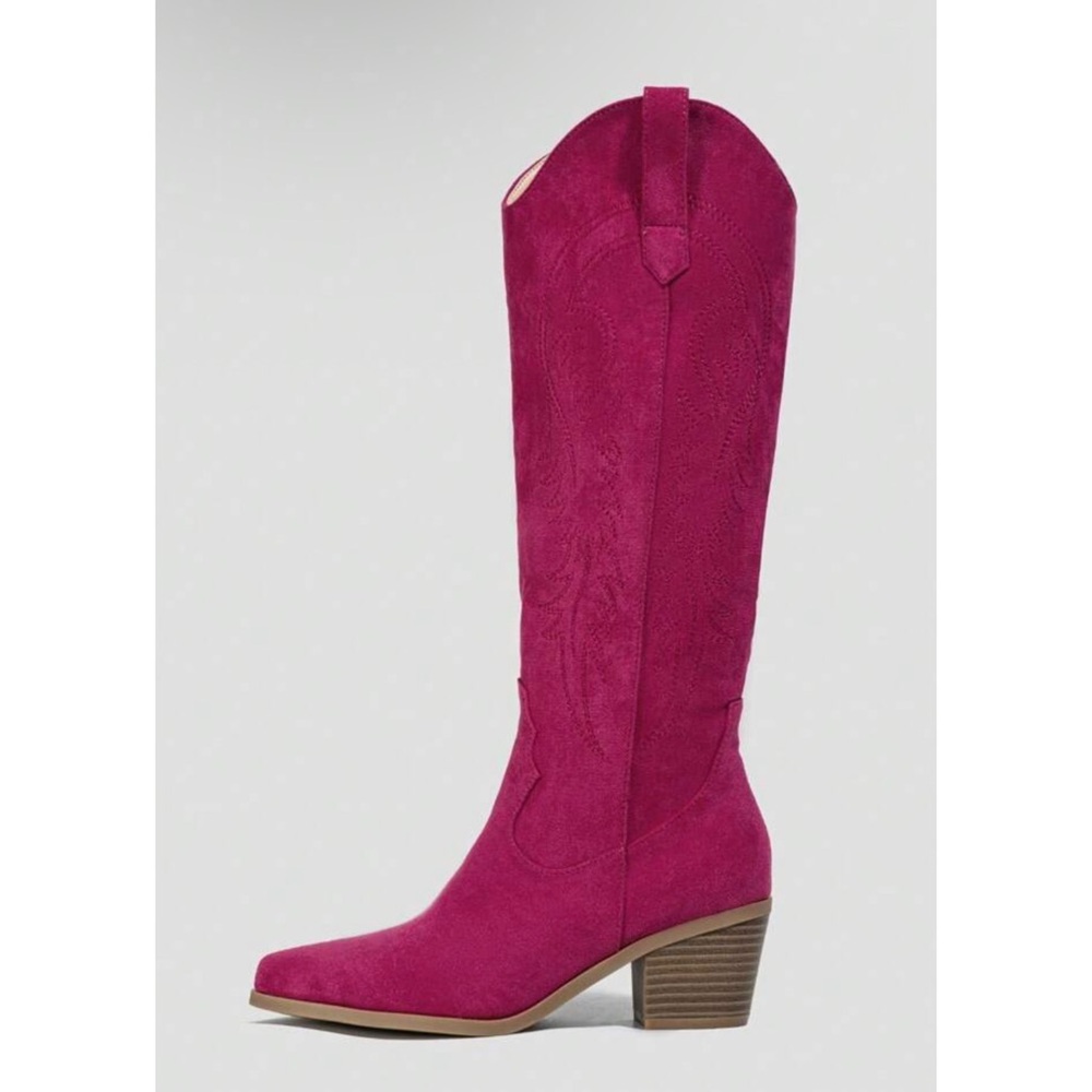 Women's Pink Below Knee Suede Western Boots - Picture 4 of 5